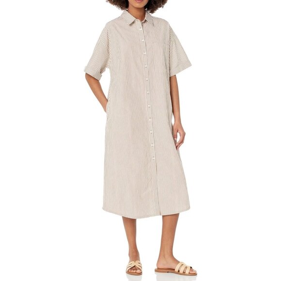 The Drop Womens Striped Button-Down Midi Shirt Dress Beige/White All-Season - Picture 1 of 4